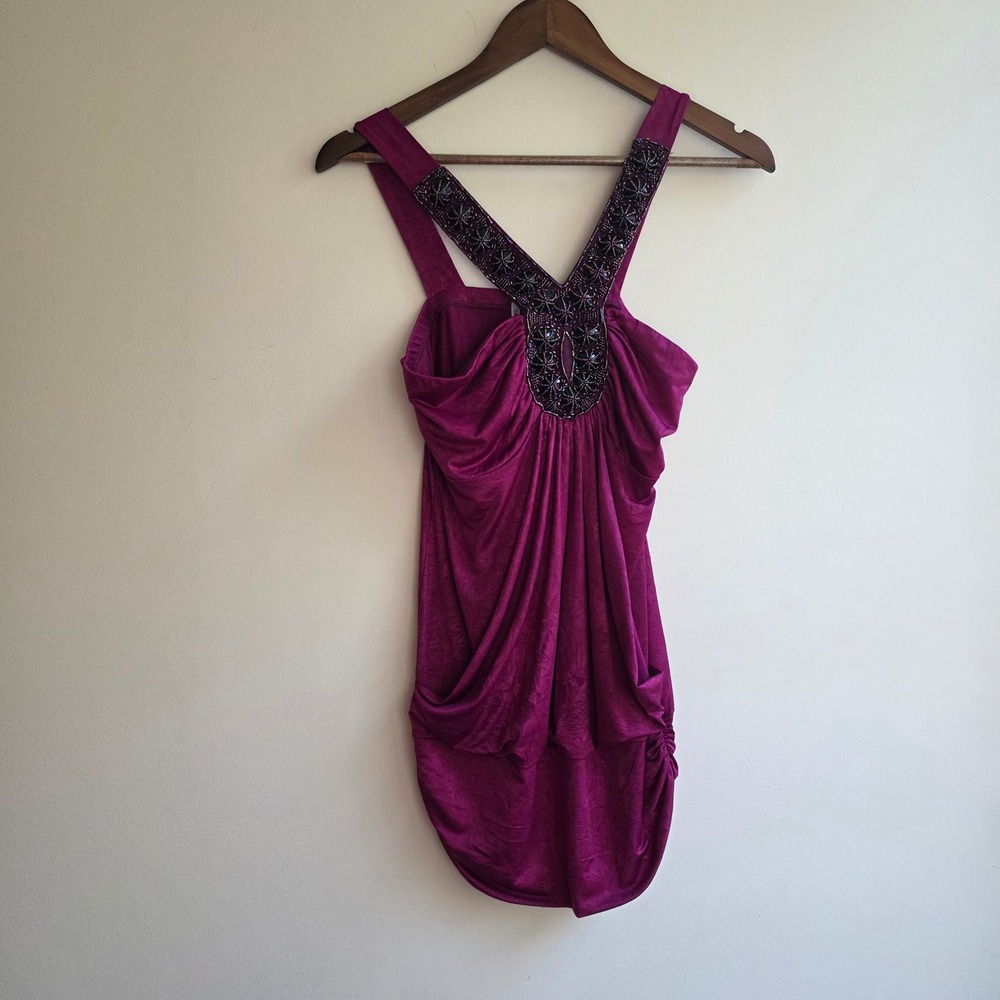 Studio Y Magenta Beaded V-Neck Draped Bubble Hem Y2K Party Top Small Micro Mini